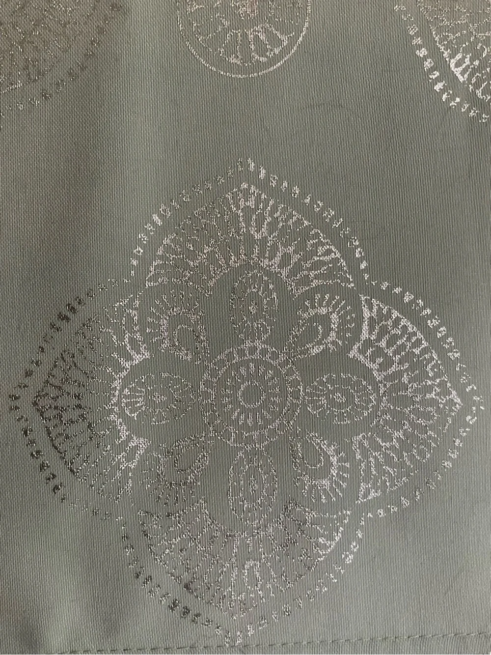 Elegant Soft Green 70” Table Runner with Silver Medallions & 5.5” Tassels